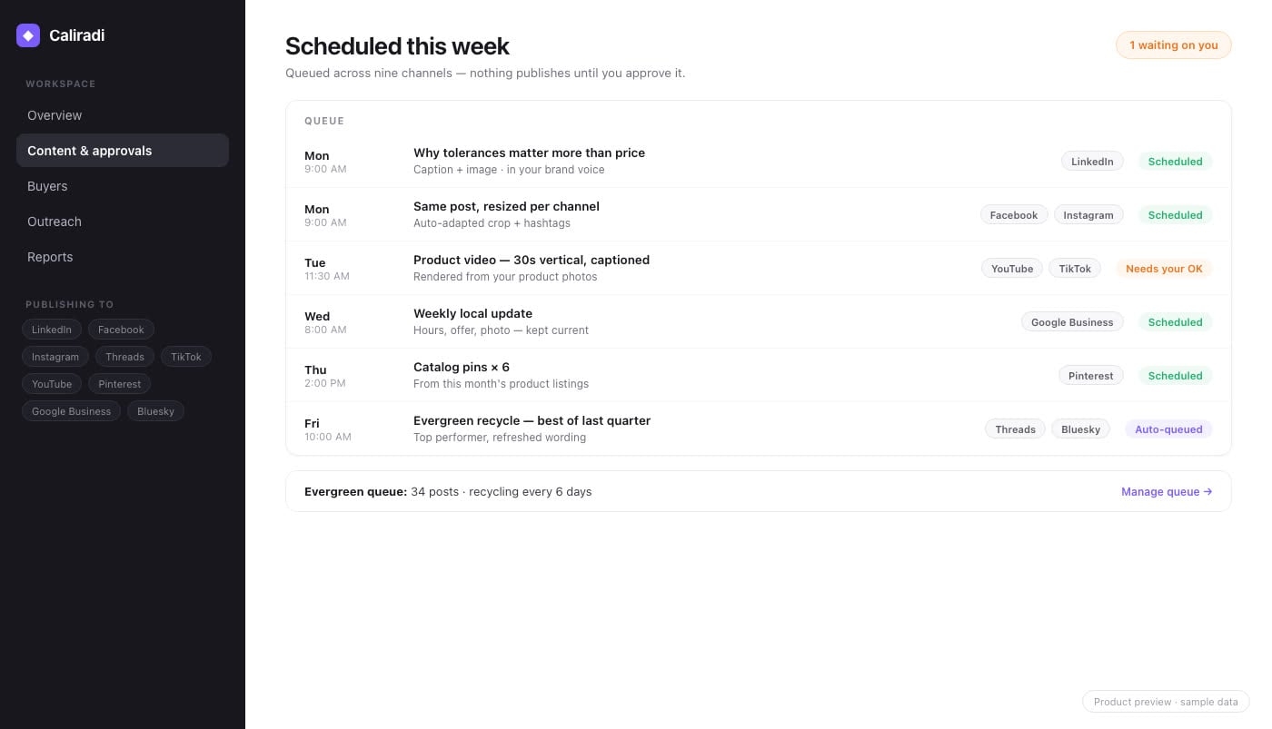 Scheduled posts screen — one week queued across nine social channels (product preview, sample data)